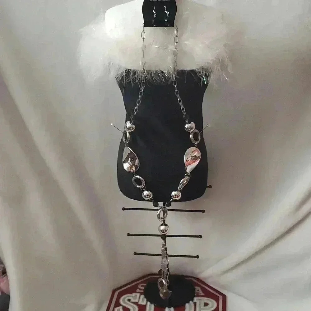 Paparazzi long silver color necklace with black earrings